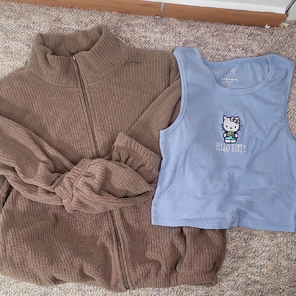 Hello Kitty Blue Tank and Brown Hoodie Set